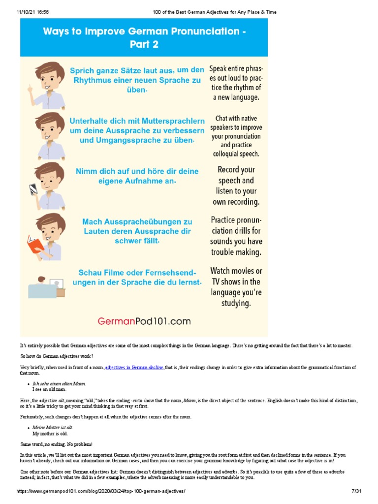 Top 100 Essential German Adjectives | PDF | Noun | Adverb