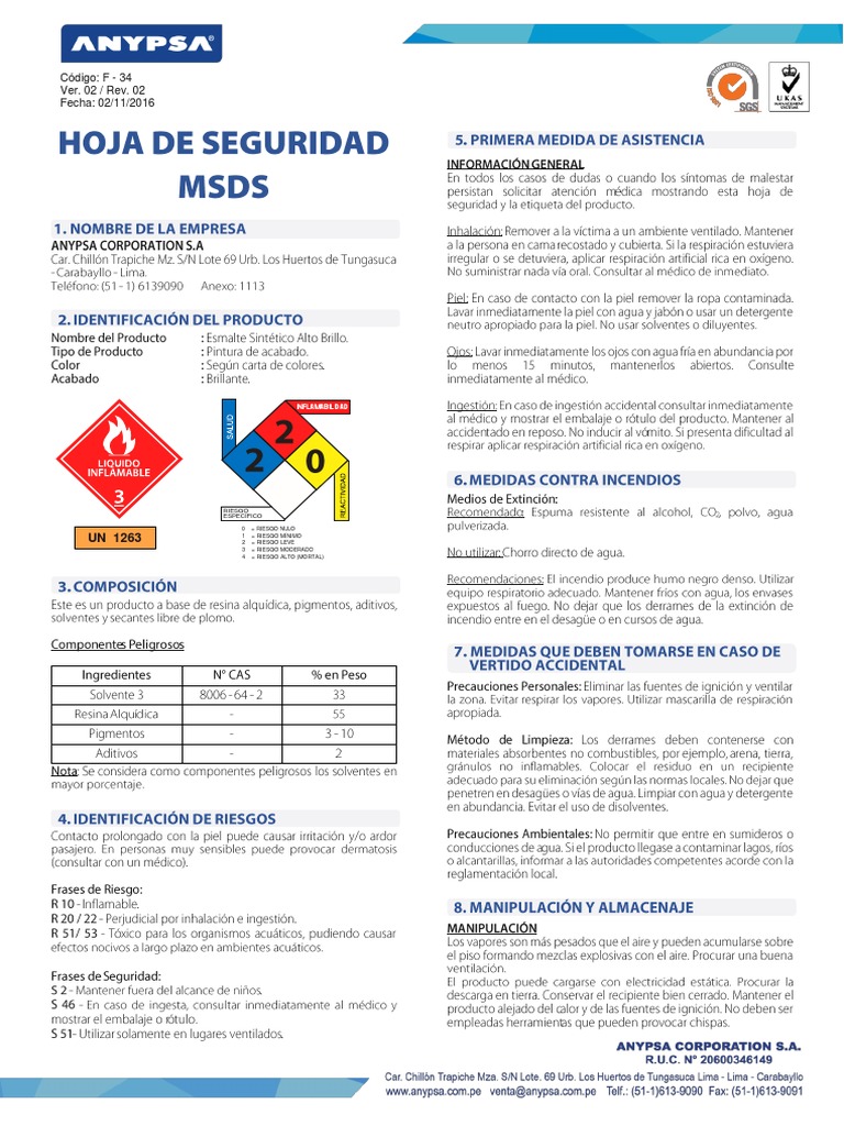 MSDS - Esmalte Sintetico Alto Brillo | PDF