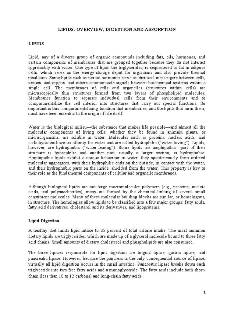 Lipids: Digestion and Absorption Guide | PDF | Cell Membrane | Lipid