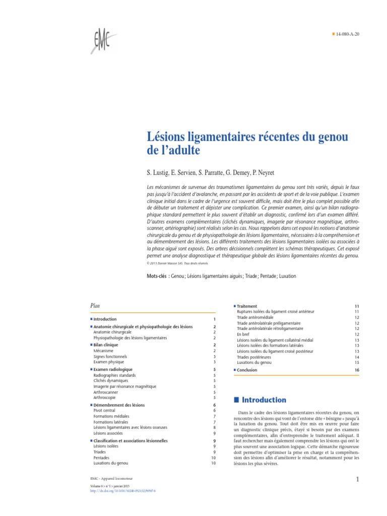 Lésions Ligamentaires Récentes Du Genou de L'adulte Descargar gratis