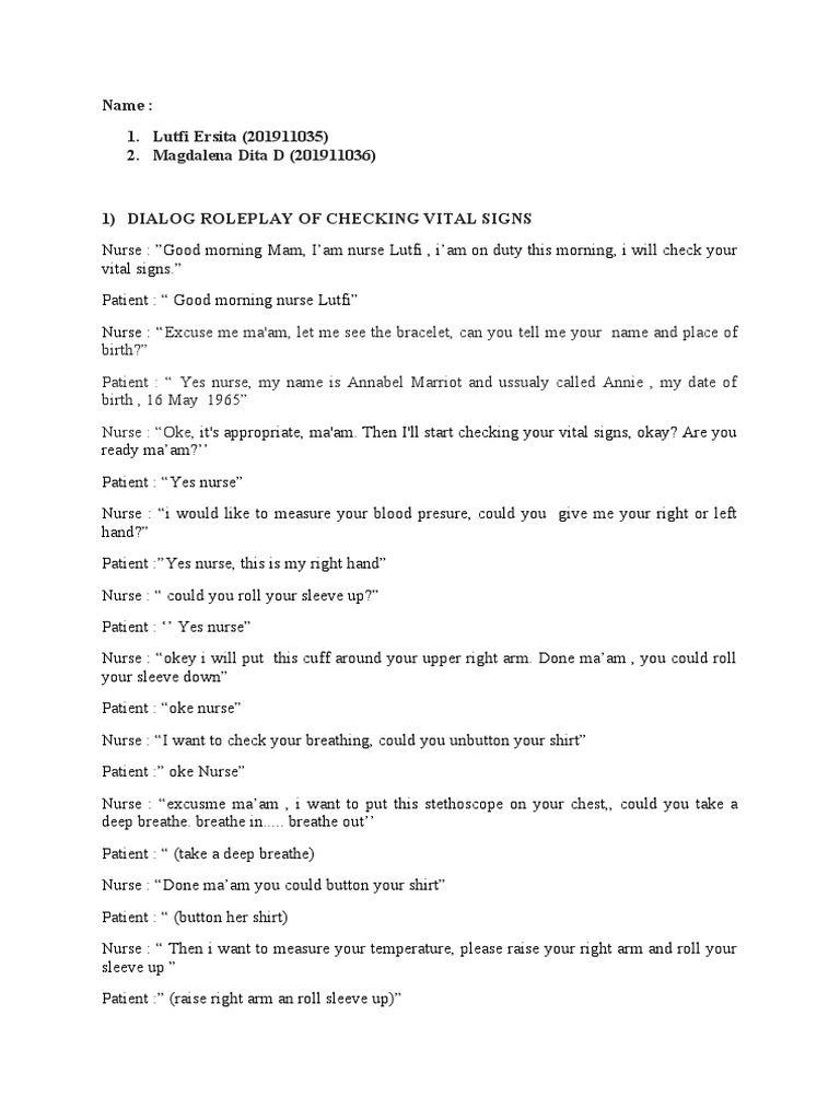 Nurse-Patient Vital Signs Roleplay | PDF | Nausea | Clinical Medicine