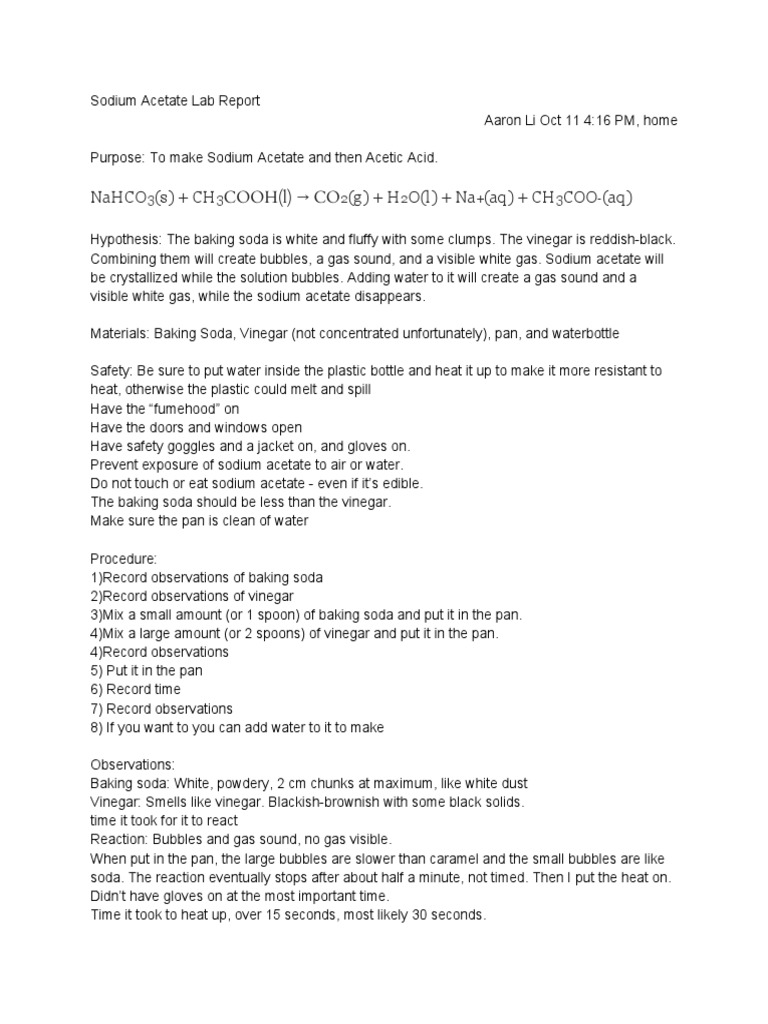 Sodium Acetate Synthesis Lab Report | PDF | Sodium Bicarbonate | Acetic ...