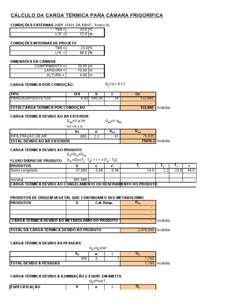 Planilha para Calculo de Carga Termica Camara Frigorifica (2019) Ex | PDF