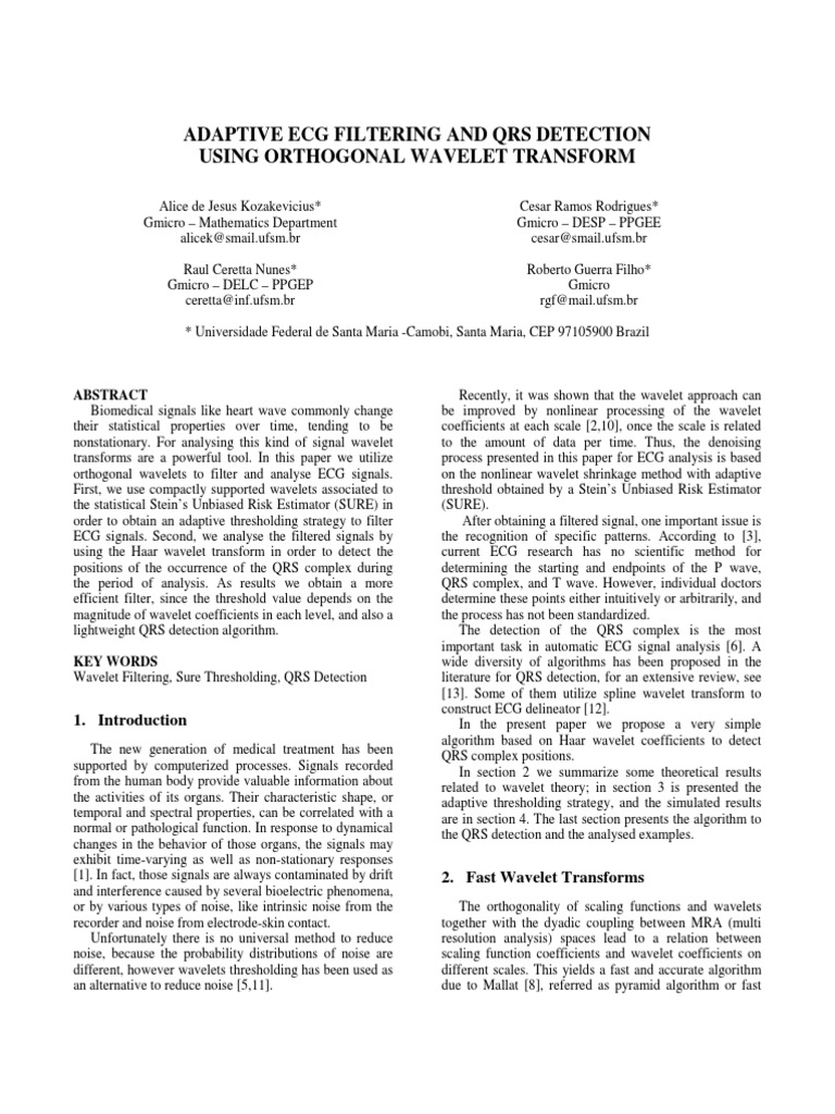 Adaptive Ecg Filtering and Qrs Detection Using Orthogonal Wavelet ...
