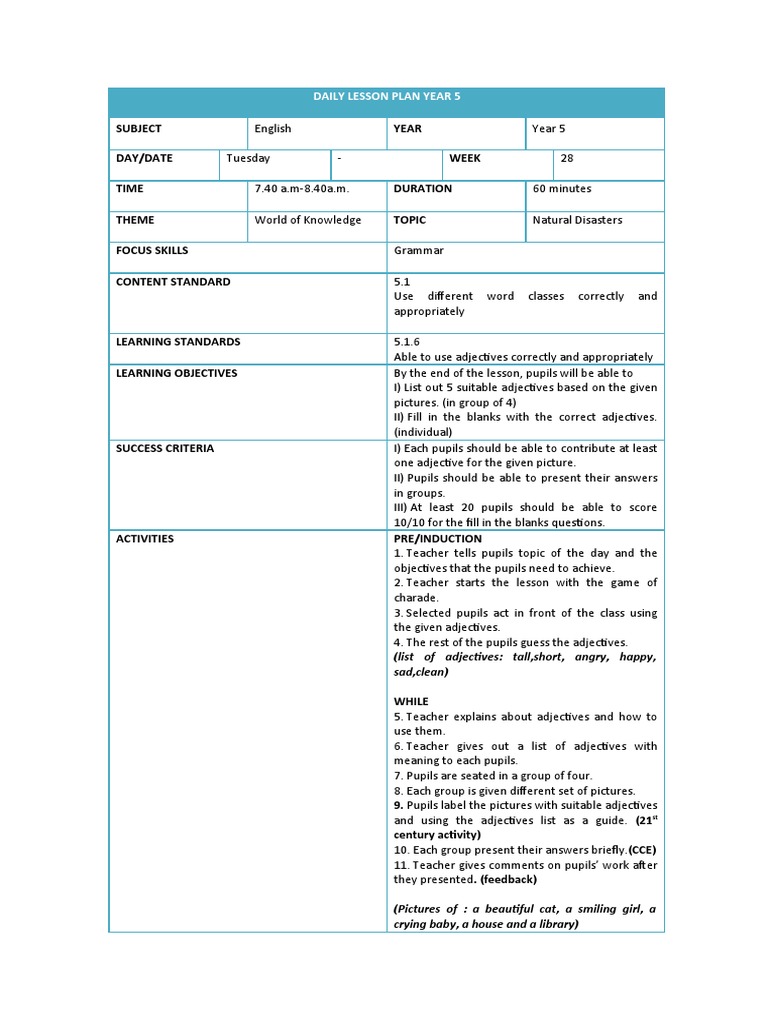 Year 5 English Lesson Plan: Adjectives | PDF | Lesson Plan | Pedagogy
