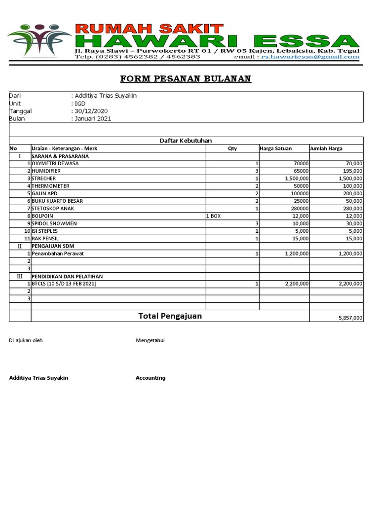 Form Pengajuan RAK IGD | PDF | Pengelolaan Keuangan & Uang