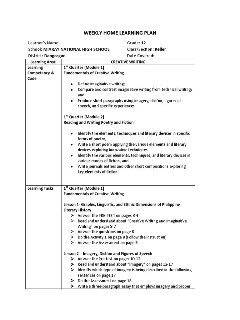Weekly Home Learning Plan 3 PDF Poetry Learning
