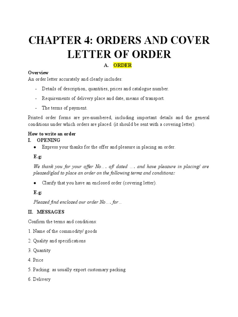 Chapter 4: Orders and Cover Letter of Order | PDF | Letter Of 