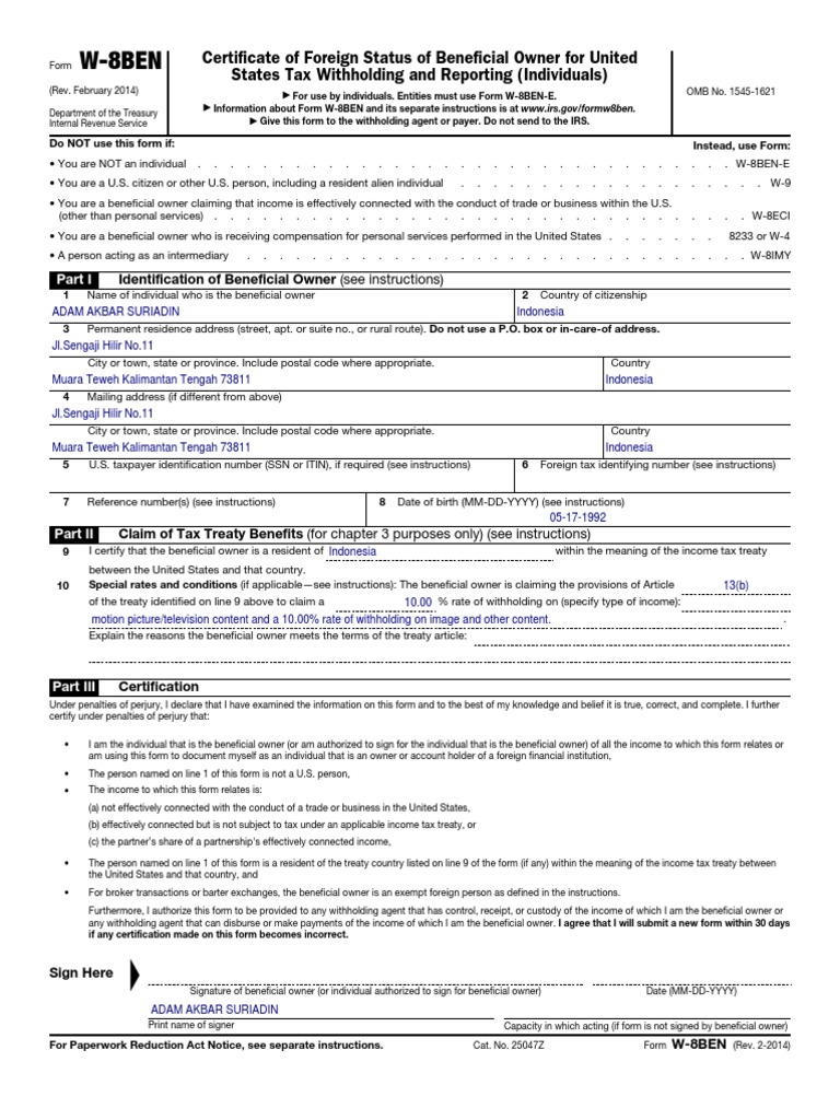 W8BEN Certificate of Foreign Status of Beneficial Owner For United