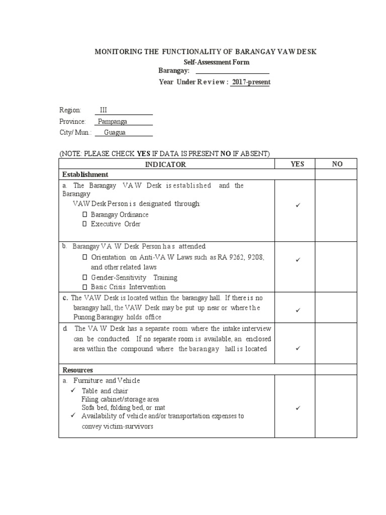 VAW Desk Self Assessment Form PDF Desk Computing