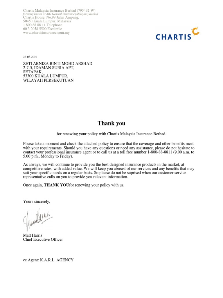 Chartis Malaysia Car Insurance Renewal | PDF