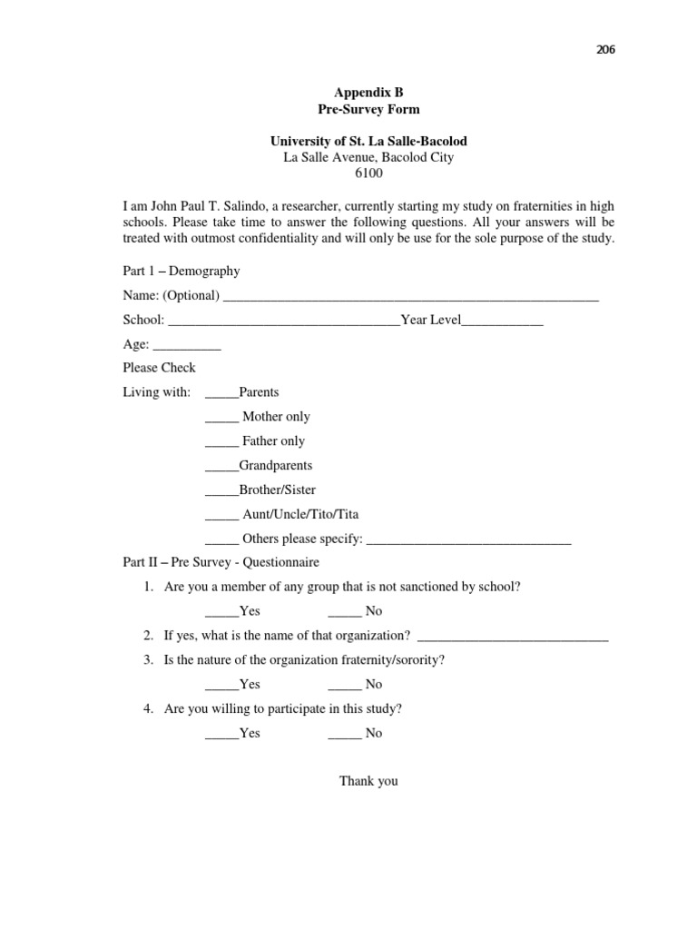 Pre-Survey Form for High School Fraternity Study | PDF