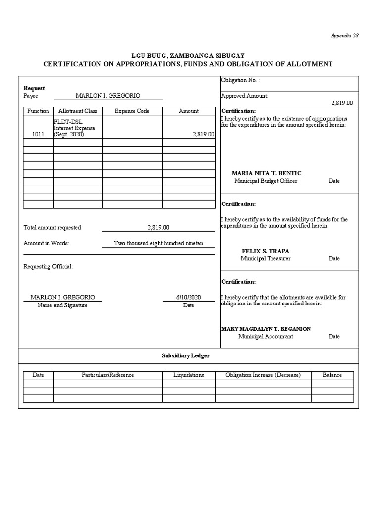 Certification On Appropriations, Funds and Obligation of Allotment ...