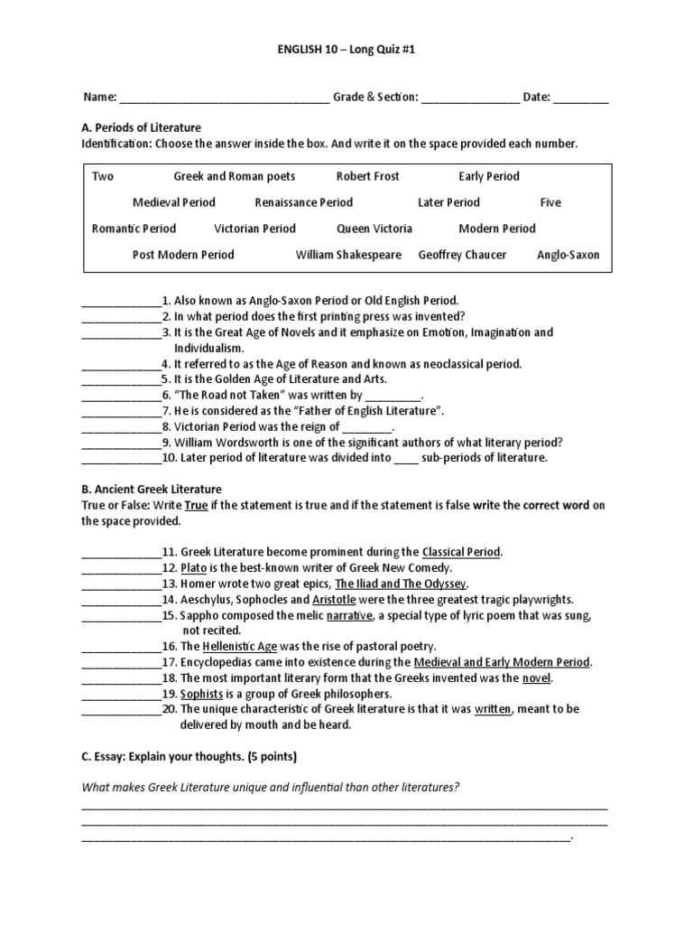 ENGLISH 10 Long Quiz 1 What Makes Greek Literature Unique and