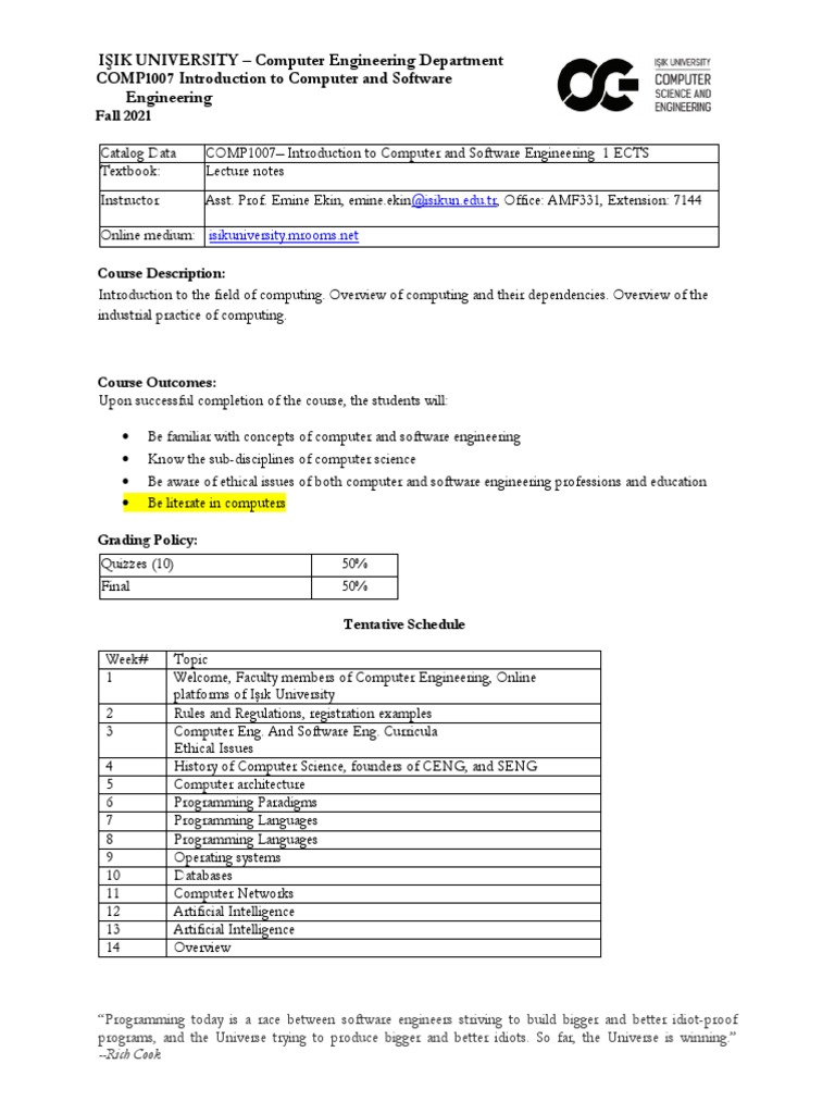 IŞIK UNIVERSITY - Computer Engineering Department COMP1007 Introduction ...