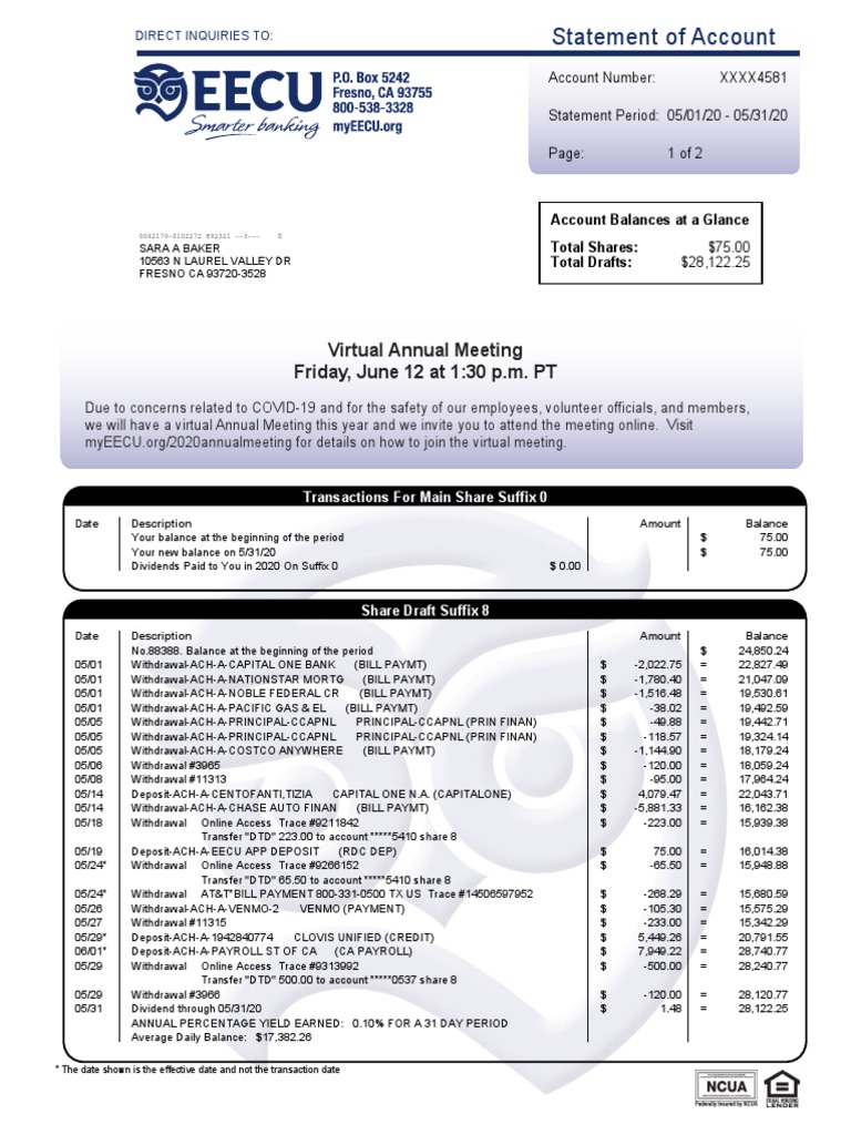 EECU Account Statement Summary | PDF | Overdraft | Money