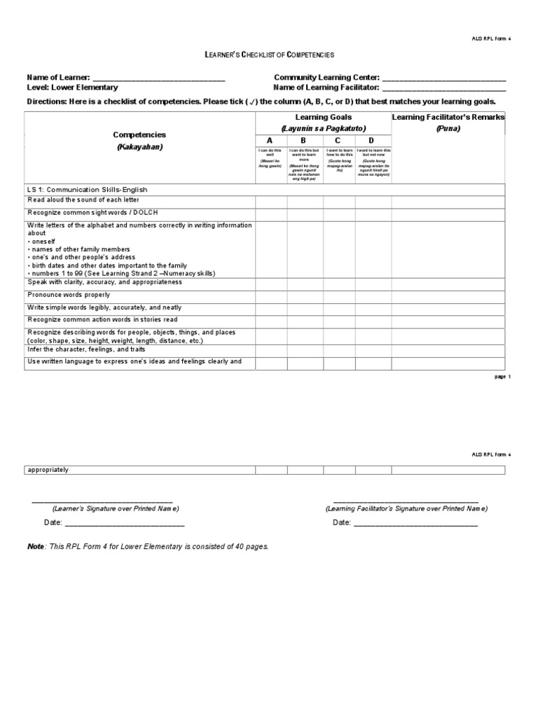 ALS RPL Form 4 Competency Checklist | PDF | Neuropsychological ...