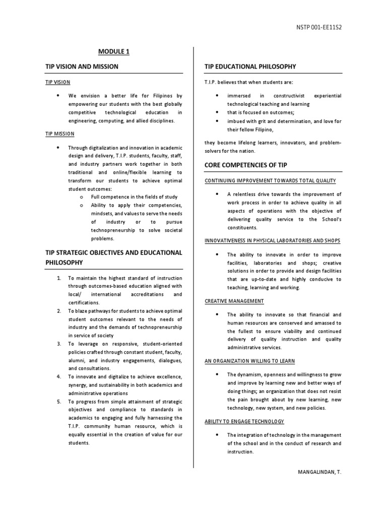 Tip Vision and Mission Tip Educational Philosophy | PDF | Goal | Self ...