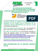 SATSE Informa - Certificados B2 y C2 de Valenciano de La JQCV - Abierto El Plazo de Solicitud de Preinscripción para Realizar Las Pruebas