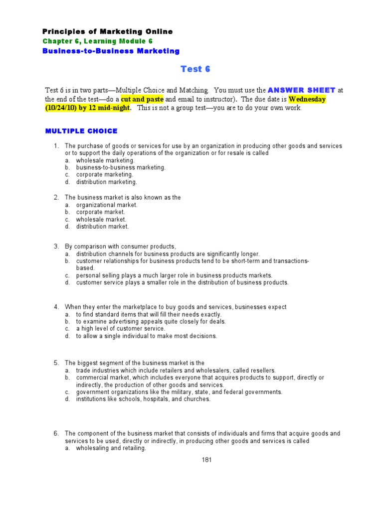 B2B Marketing Test: Principles & Concepts | PDF | Market Segmentation ...