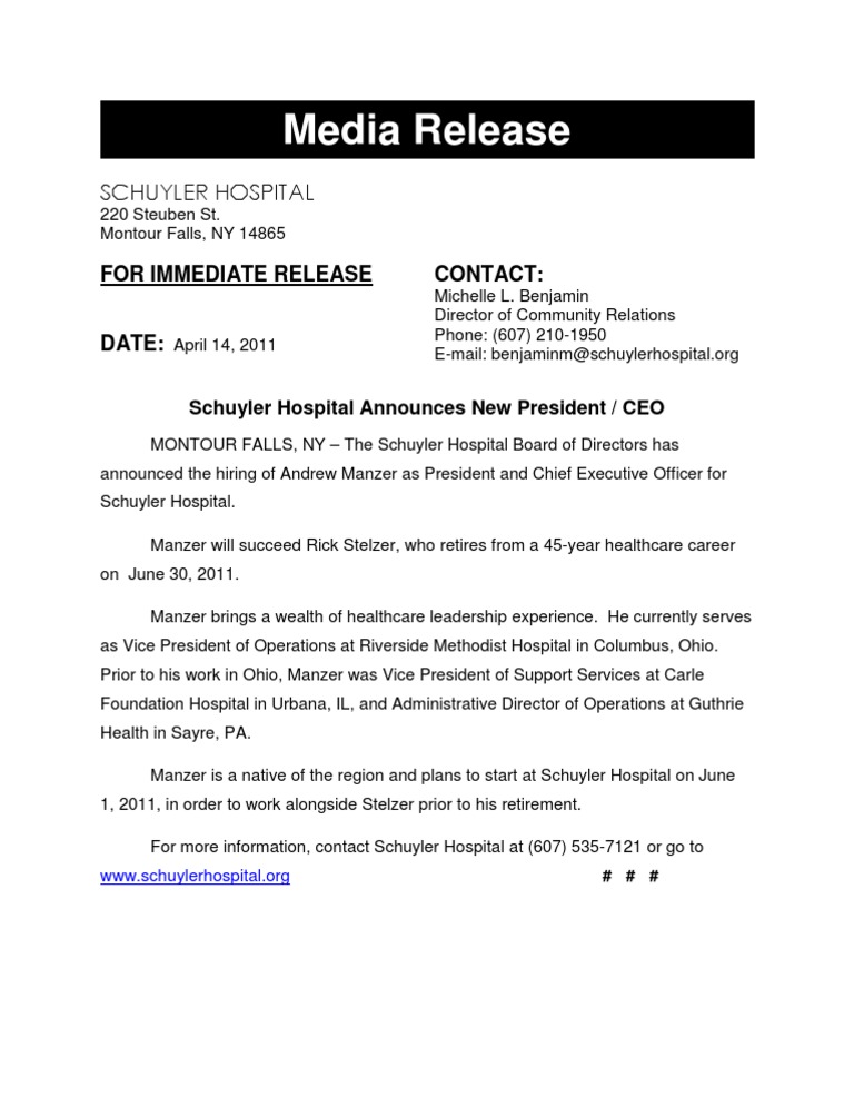 Schuyler Hospital Names New CEO Andrew Manzer | PDF