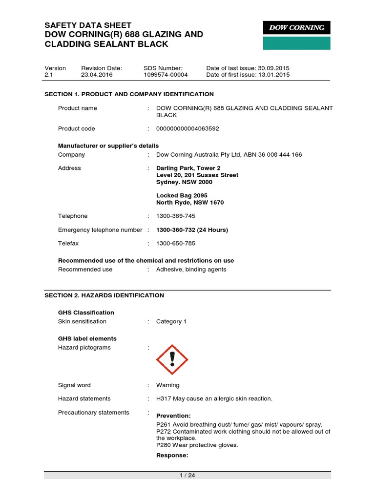 Dow Corning 688 Glazing Cladding Sealant BlackAUS SDS PDF Toxicity
