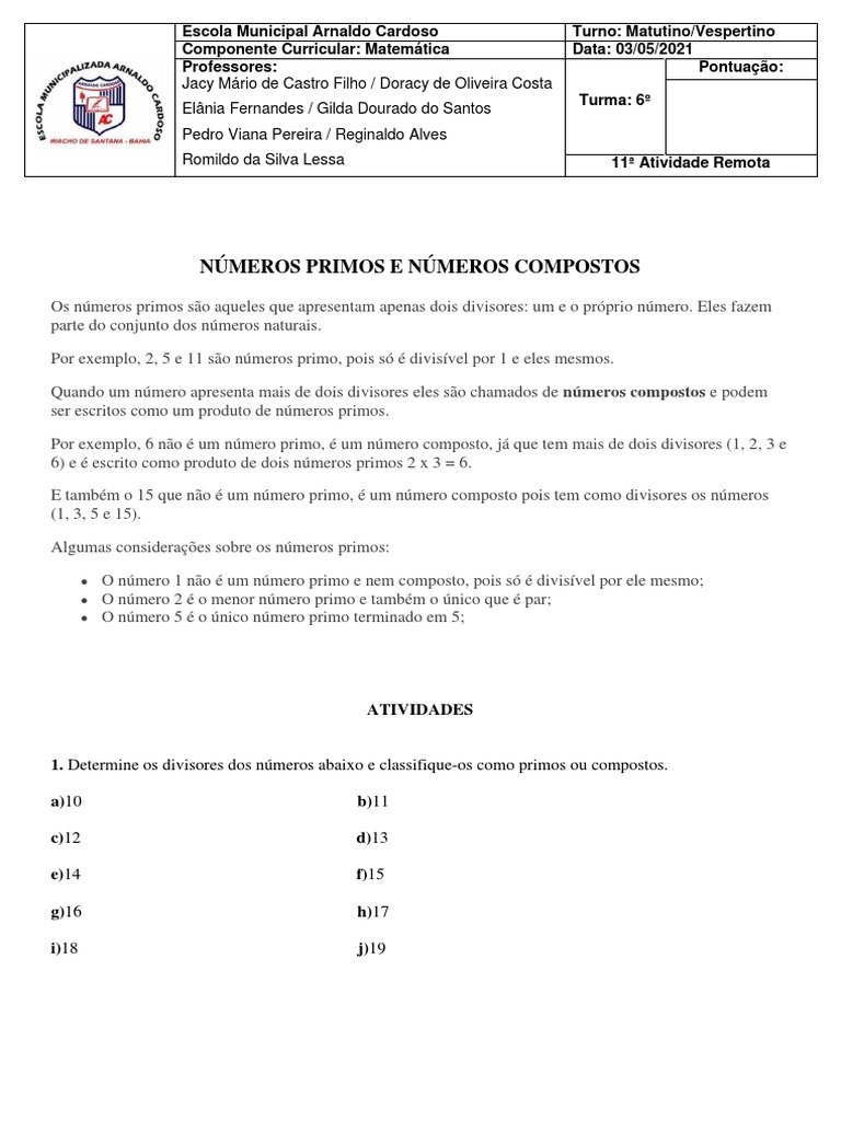 Números Primos e Compostos: Atividades 6º Ano | PDF