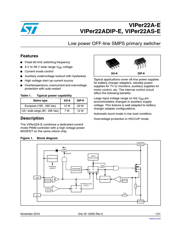 Viper22A-E Viper22Adip-E, Viper22As-E: Low Power Off-Line Smps Primary ...