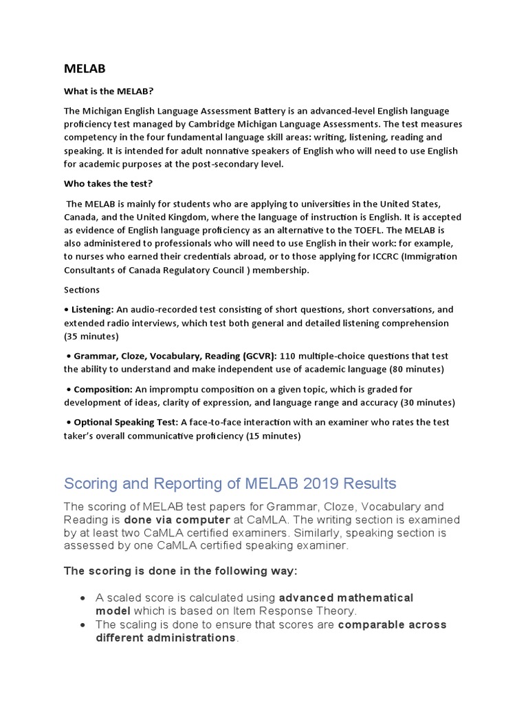 Overview of the MELAB English Test | PDF | Test (Assessment) | Applied ...