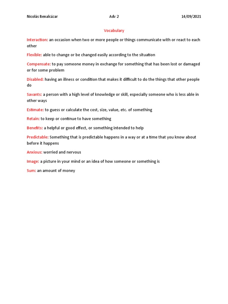 Vocabulary Interaction:: Nicolás Benalcázar Adv 2 14/09/2021 | PDF
