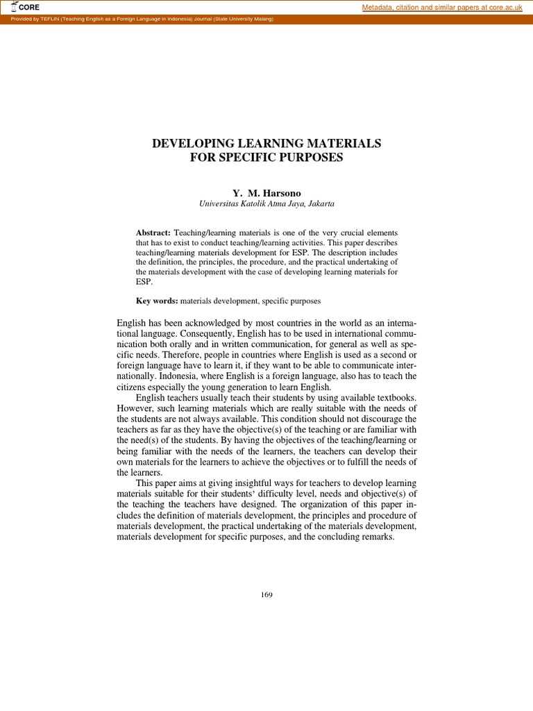 Developing Learning Materials For Specific Purposes: Y. M. Harsono 