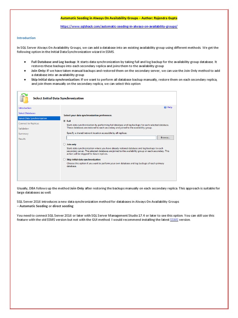 Automatic Seeding in Always On AGs | PDF | Databases | Backup