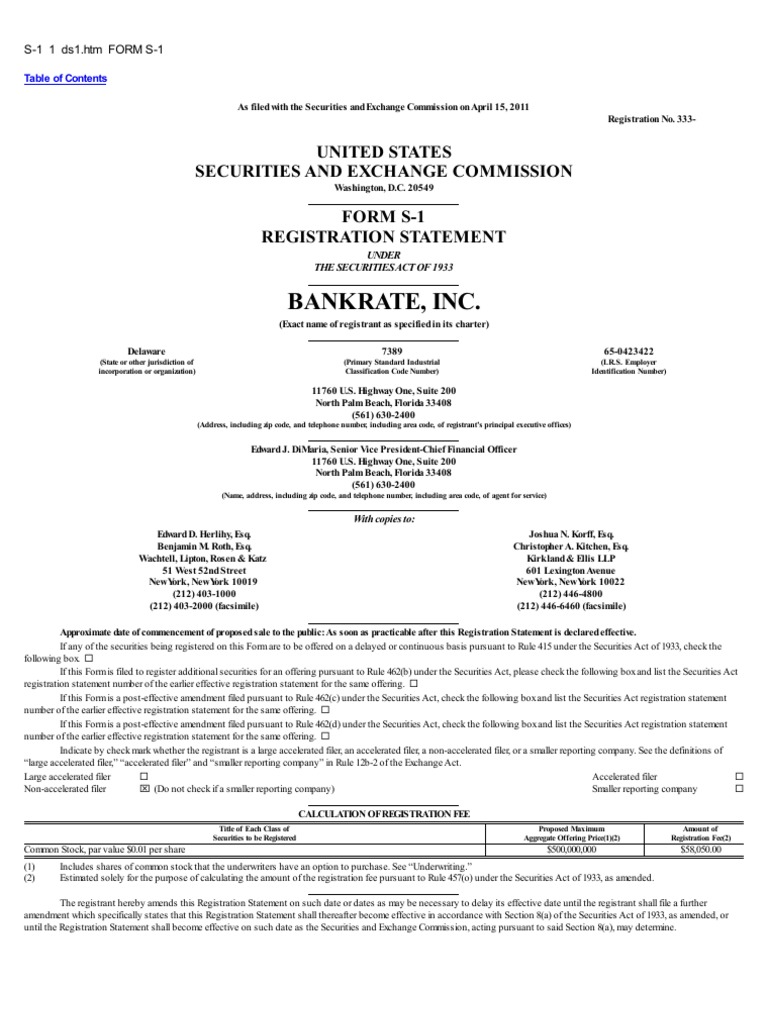 Bankrate, Inc. United States Securities and Exchange Commission Form S