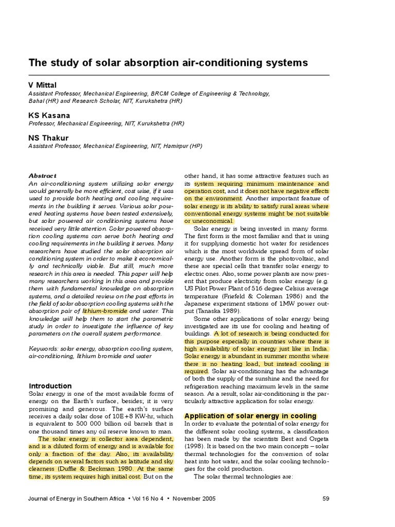 The Study of Solar Absortion Air-Conditioning Systems | PDF | Heat ...