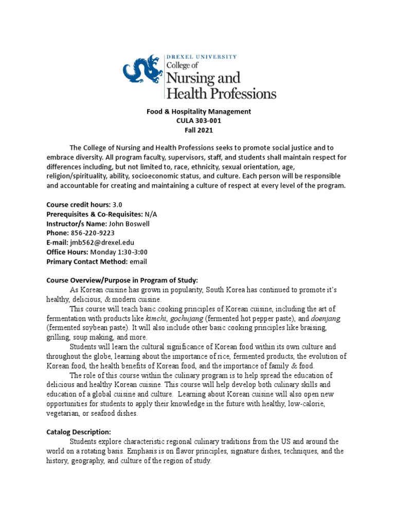 CULA 303 Syllabus PDF Korean Cuisine Cuisine