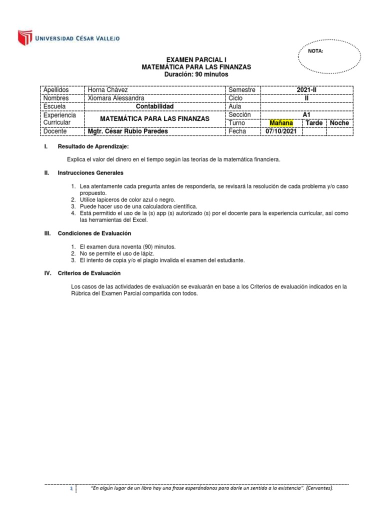 Examen Parcial I - Matematica para Las Finanzas | PDF | Prueba ...