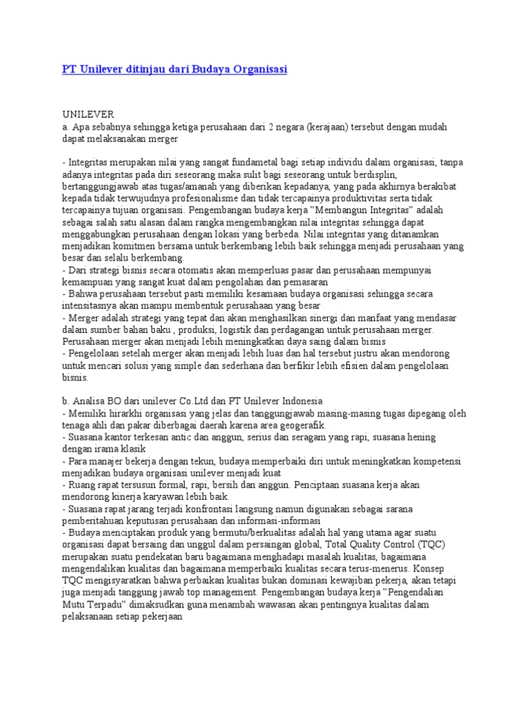 Pt Unilever Ditinjau Dari Budaya Organisasi