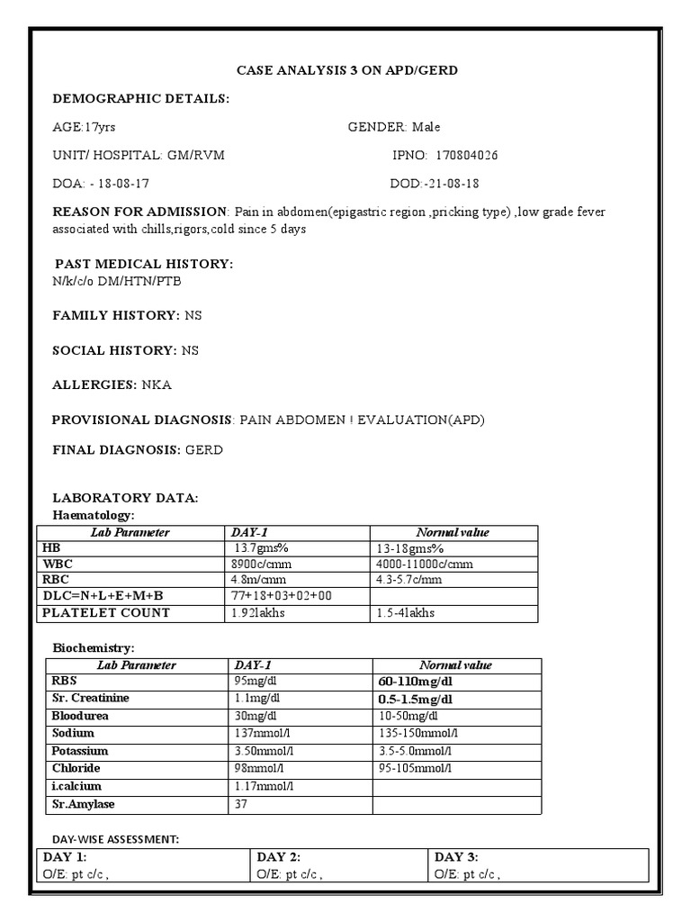 Lab Parameter DAY1 Normal Value 13.7gms 8900c/cmm 400011000c/cmm 4
