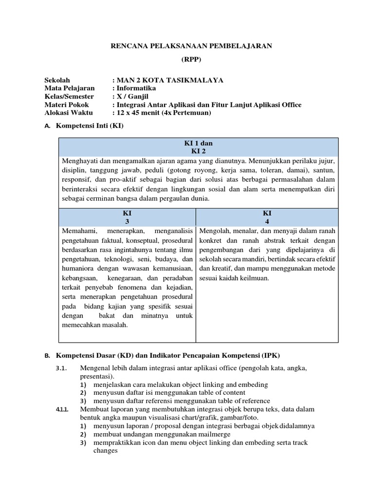 RPP Informatika Kelas X: Aplikasi Office | PDF