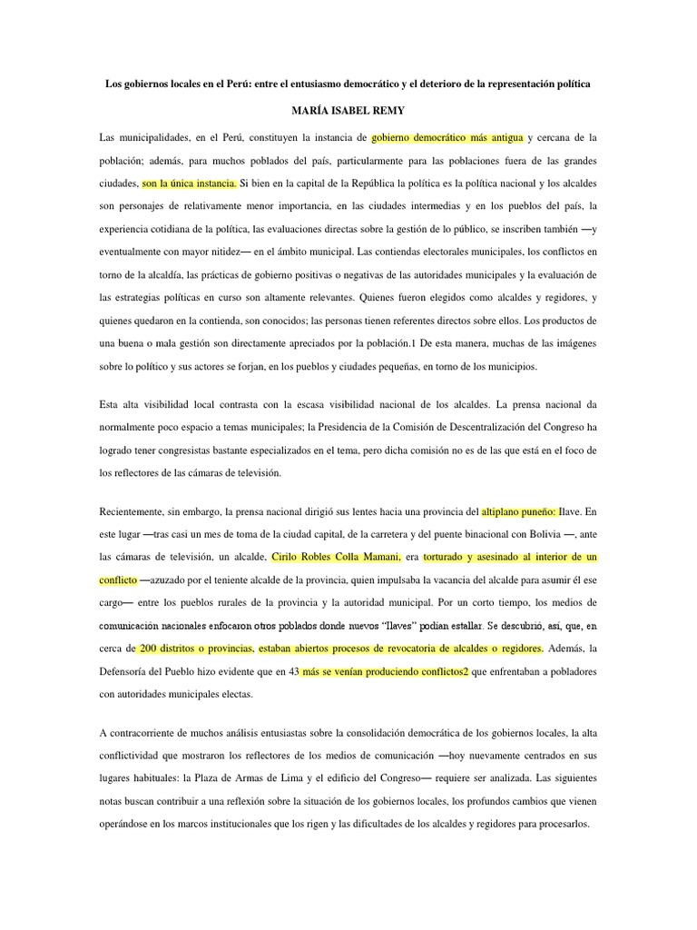 Gobiernos locales en Perú: desafíos y cambios | PDF | Gobierno local ...