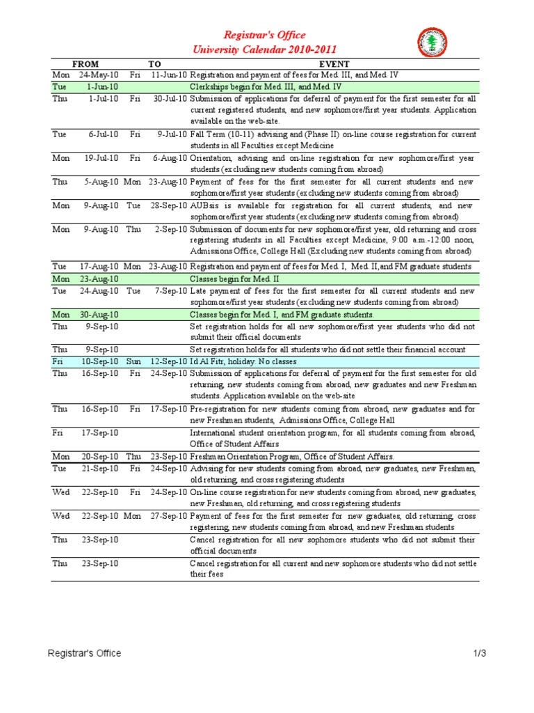 Registrar's Office University Calendar 20102011 Event From TO