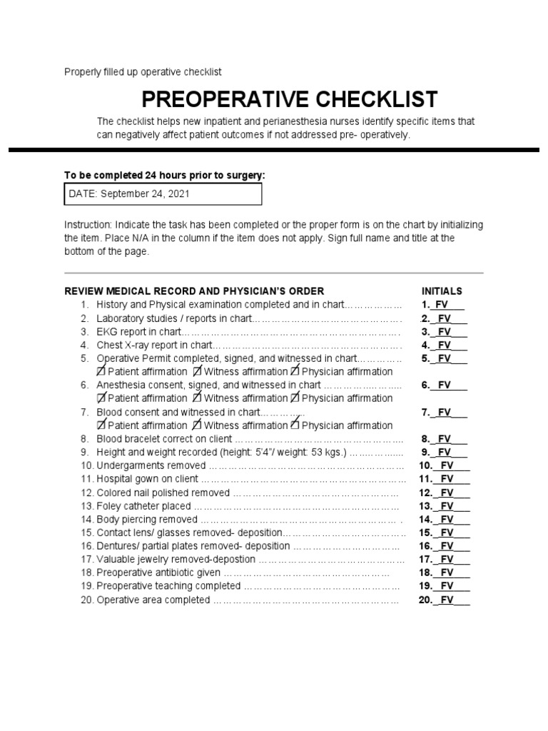 Preoperative Checklist for Surgery | PDF | Surgery | Medicine
