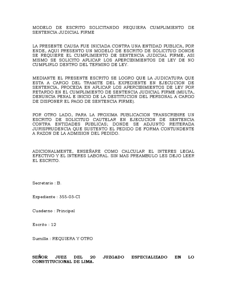 Modelo de Escrito Solicitando Requiera Cumplimiento de Sentencia