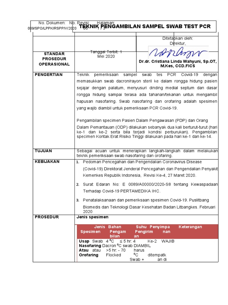 Sop Teknik Pengambilan Sampel Swab PCR | PDF
