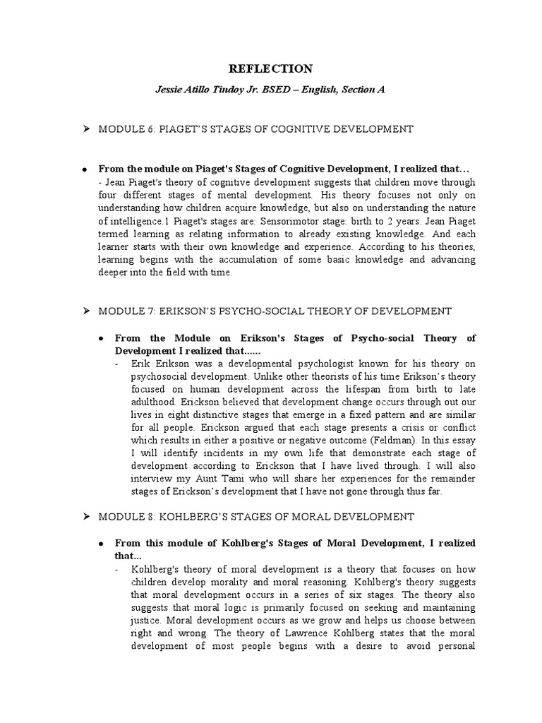 Reflection Jessie Atillo Tindoy Jr. BSED English Section A PDF Developmental Psychology Cognitive Development