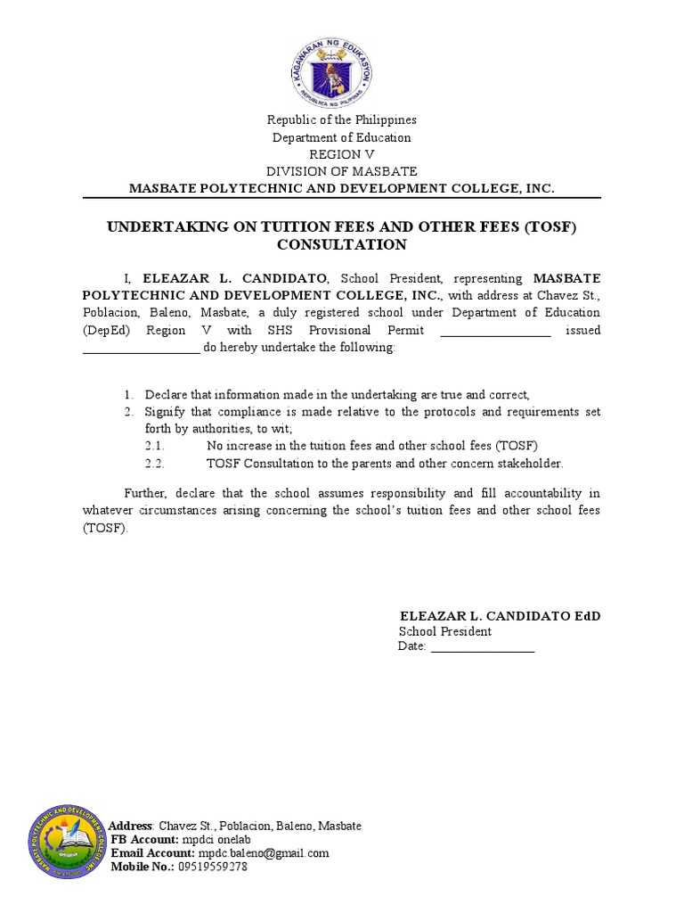 Undertaking On Tuition Fees and Other Fees (Tosf) Consultation | PDF