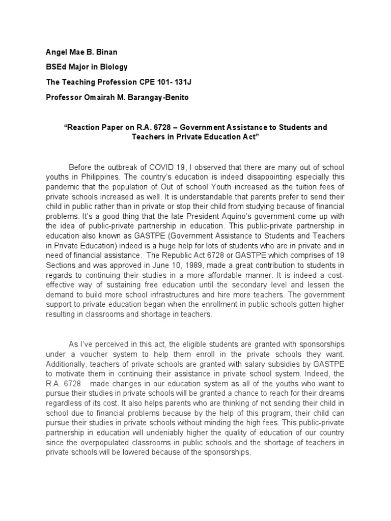 R.A. 6728: Support for Private Education | PDF | Teachers | Schools