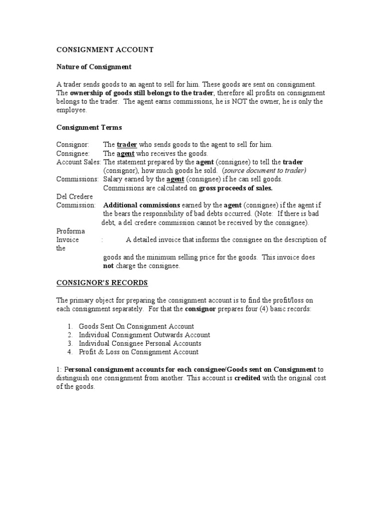 Consignment Account Notes