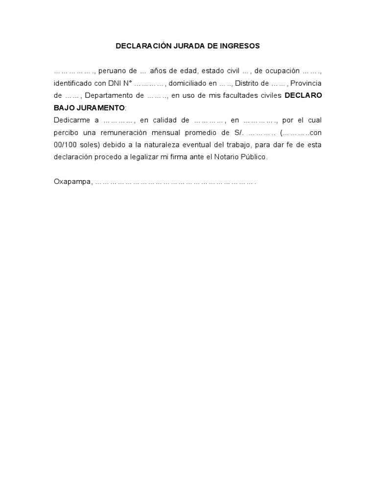 Declaración Jurada de Ingresos | PDF | Finanzas y dinero | Ciencias ...