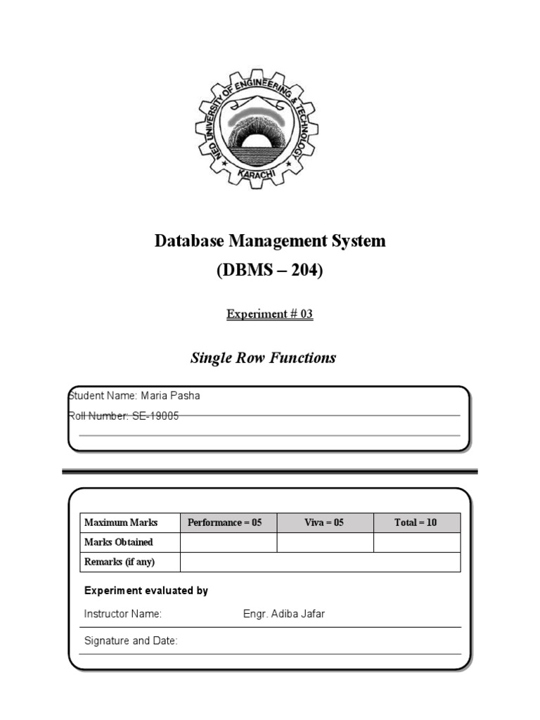 Database Management System (DBMS - 204) : Single Row Functions | PDF ...